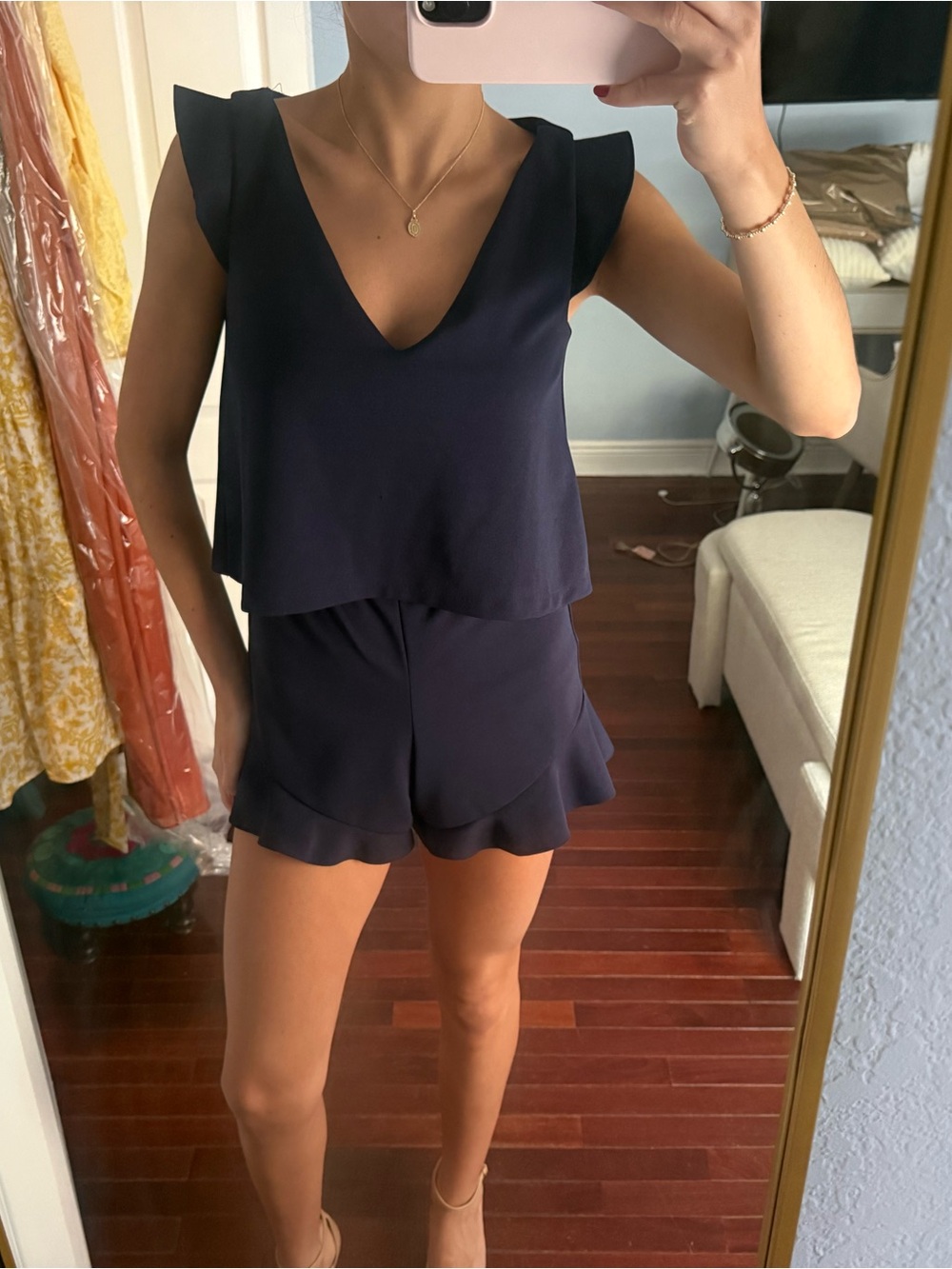 Aqua Navy Sleeveless V-Neck Romper with Ruffle Hem